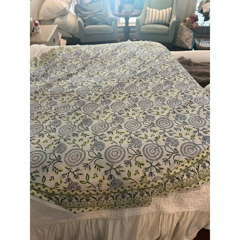 Natural Habitat Maya Blue Tablecloth 86 Round Cotton Hand Block Print India